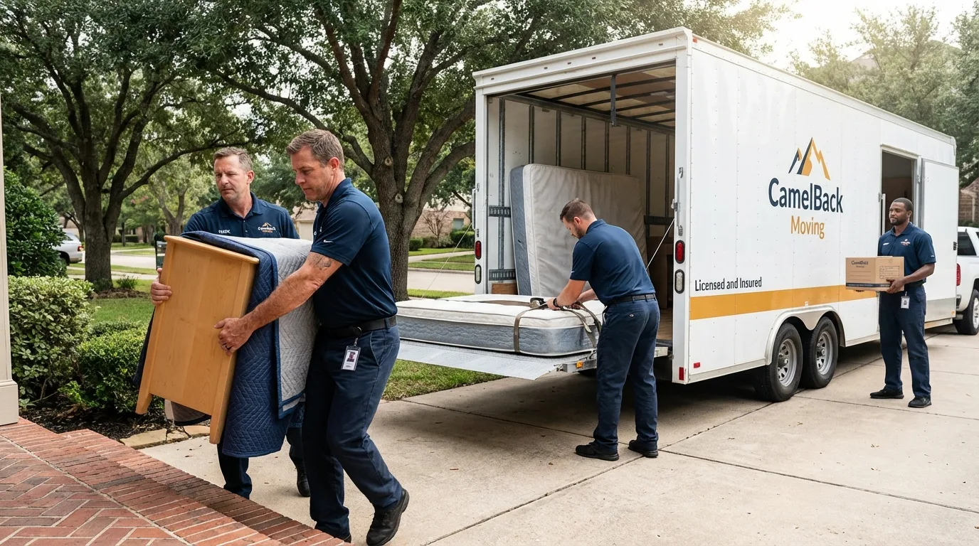 Crew loading residential truck for cross-state move from Montebello, CA