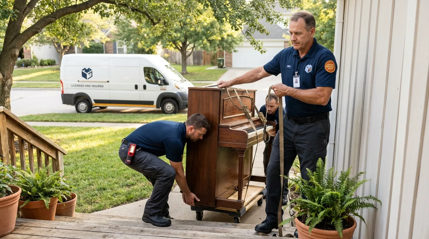 Licensed piano movers securing grand piano in Montebello, CA