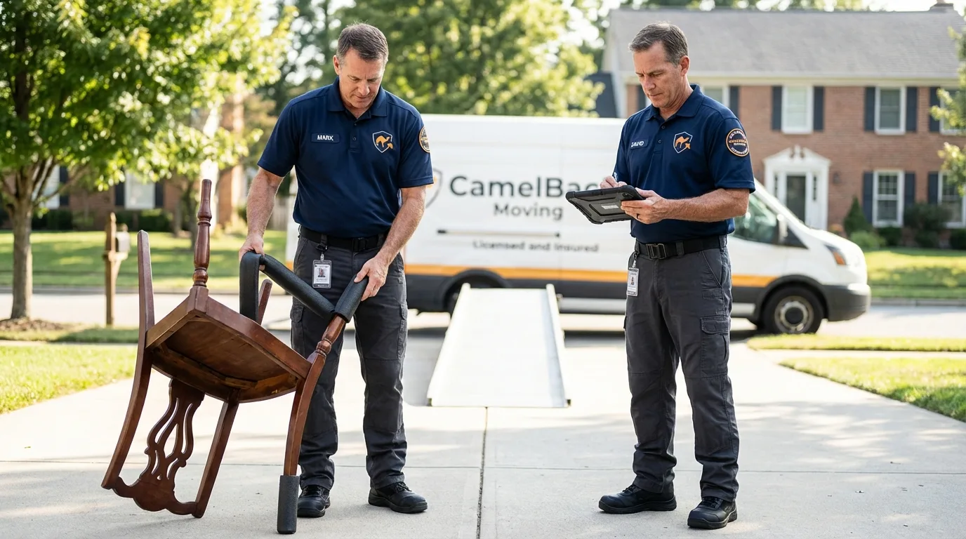 Movers inspecting furniture for damage prevention before loading in Montebello, CA